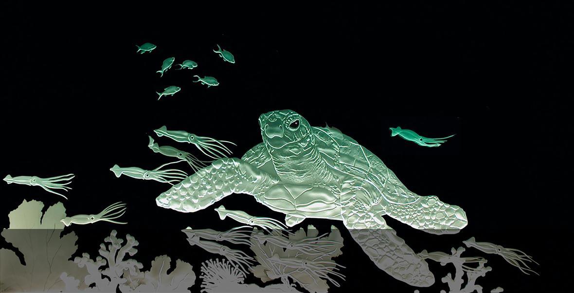 Etched Glass Green Sea Turtle