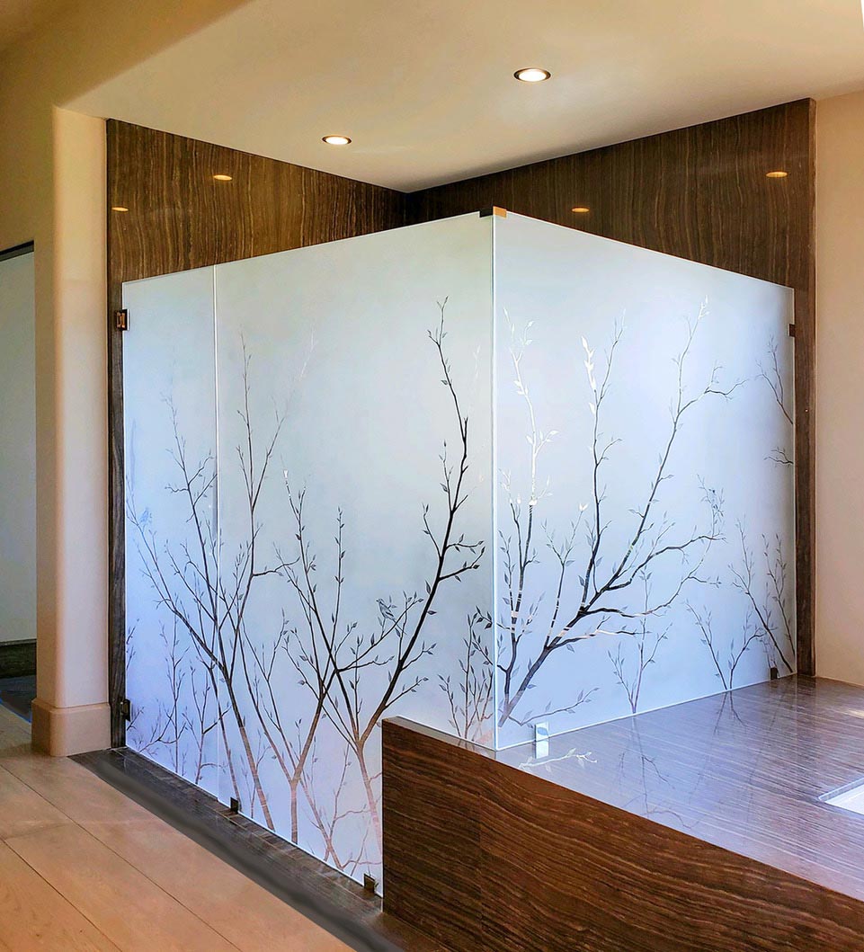 Etched Glass Shower Enclosure with Tree Branch Motif