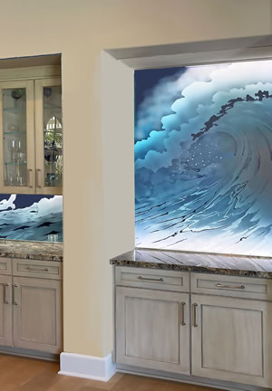 etched glass seascape backsplash by Jay Hoyt Curtis of Art Glass and Metal