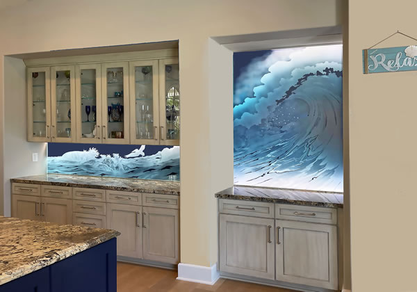 etched glass seascape backsplash by Jay Hoyt Curtis of Art Glass and Metal