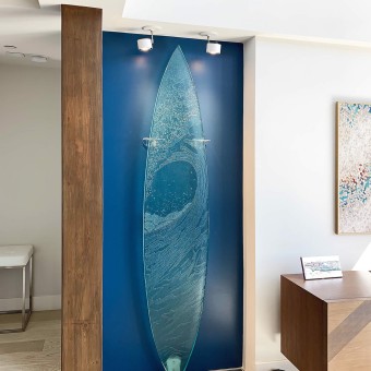 Cast Glass surfboard wall art piece for a private residence in north San Diego county