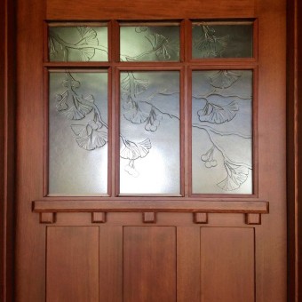 Detail of Cast Glass Gingko Leave Arts and Crafts Door for home in Solana Beach, California
