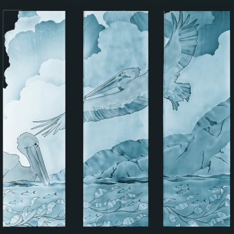 Beautiful Etched Glass Pelican windows  custom designed above an entryway in a Coastal San Diego home