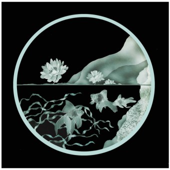 Etched glass window with fantail fish, lotus flowers, and lily pads for a beachside residence in the picturesque seaside town of Laguna Beach, California