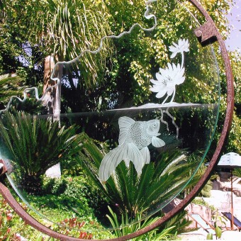 Detail Shot of Outdoor Sculpture with Lotus and Fantail Fish Motif