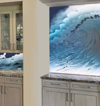 etched glass seascape backsplash by Jay Hoyt Curtis of Art Glass and Metal